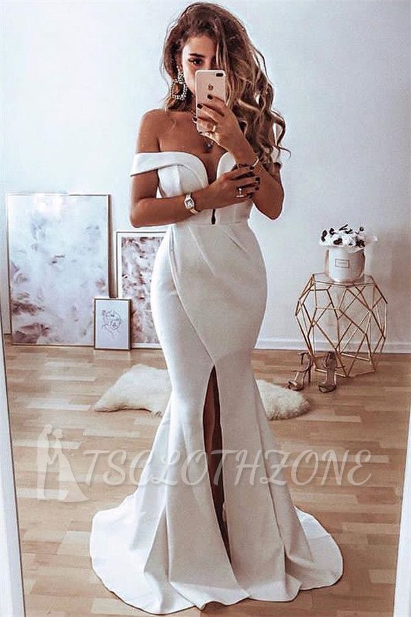 Elegantes schulterfreies Satin-Hochzeitskleid Günstige | Einfache Mermaid Front Slit Sexy Brautkleider online