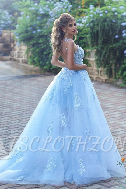 Elegant A-line Baby Blue Sheer Tulle Prom Dresses 2022 Appliques Sleeveless Evening Gowns