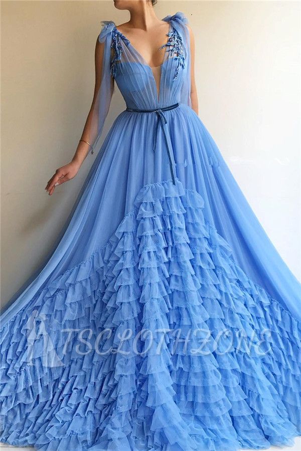Sexy Tulle Deep V Neck Blue Prom Dress | Chic Sleeveless Layers Long Prom Dress with Sash