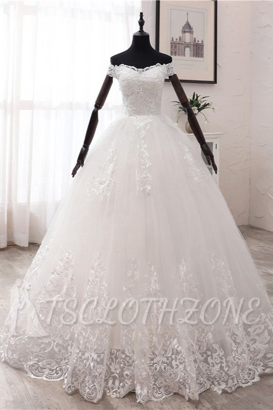 TsClothzone Ball Gown Off-the-Shoulder Lace Appliques Wedding Dresses White Tulle Sleeveless Bridal Gowns