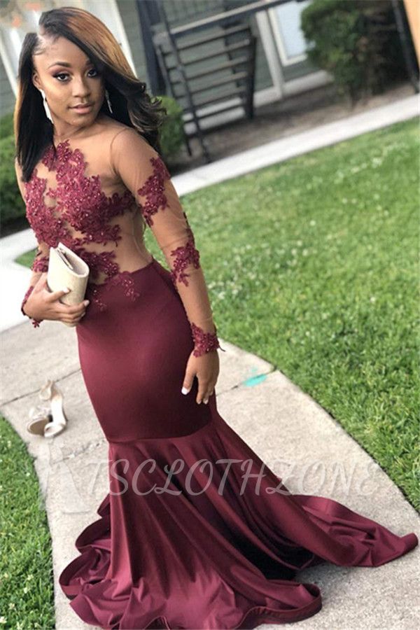 Burgundy Long Sleeves Open Back Mermaid Prom Dresses | See-Through Appliques Evening Gowns
