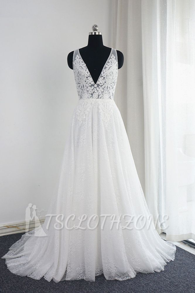 TsClothzone Chic Tulle Lace Ruffles White Wedding Dress Sleeveless V-Neck Appliques Bridal Gowns On Sale