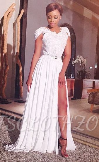 Latest A-line White Chiffon Long Evening Dress Sexy Lace Side Slit Formal Occasion Dresses
