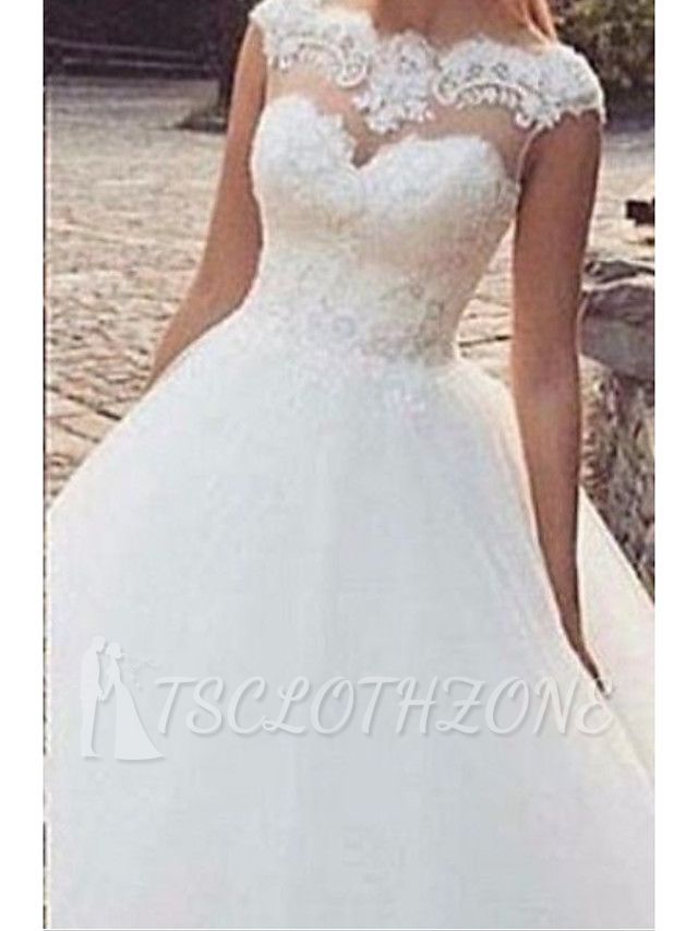 A-Line Wedding Dress Jewel Tulle Straps Bridal Gowns Sweep Train On Sale
