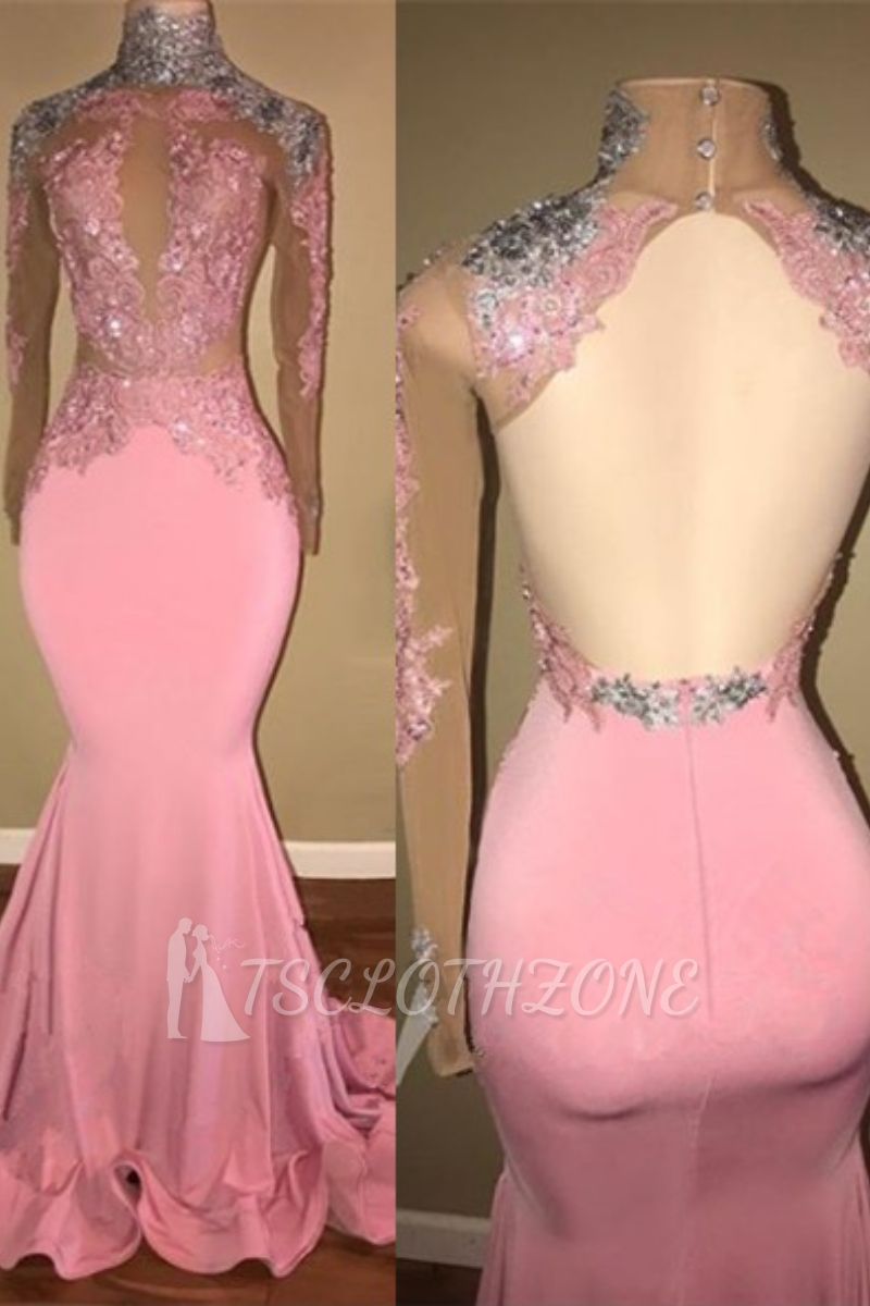 Gorgeous High-Neck Backless Pink Prom Dress Mermaid With Lace Appliques