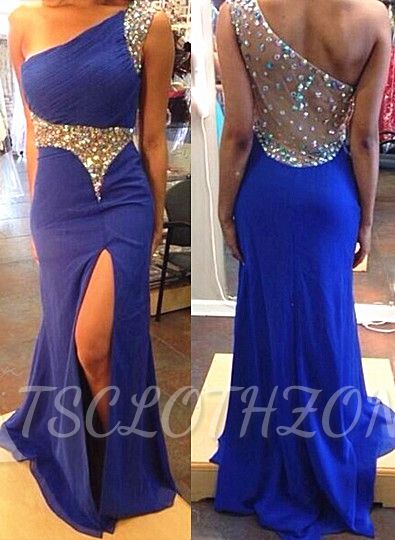 Blue Mermaid One Shoulder Evening Dress Crystal Sexy Popular Sheer Back Long Evening Gowns