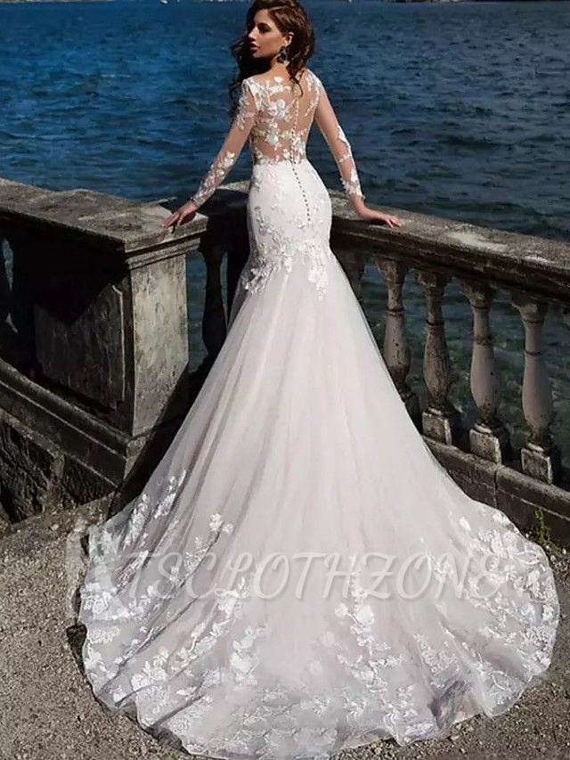 Mermaid Wedding Dress Bateau Lace Tulle Lace Over Satin Long Sleeves Bridal Gowns Sexy See-Through Backless with Court Train