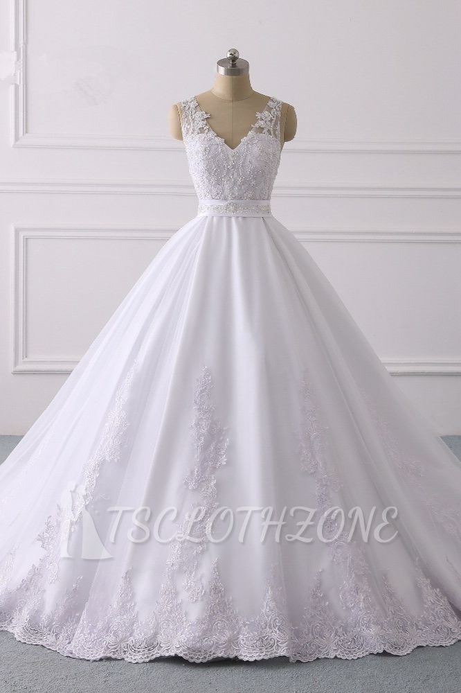 TsClothzone Gorgeous V-Neck Satin Tulle Lace Wedding Dress White Appliques Sleeveless Bridal Gowns On Sale