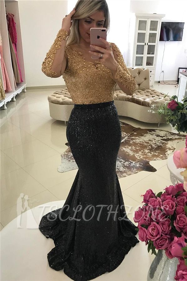 Shiny Black Sequins Evening Gowns Mermaid Gold Beads Appliques Long Sleeve Prom Dress 2022
