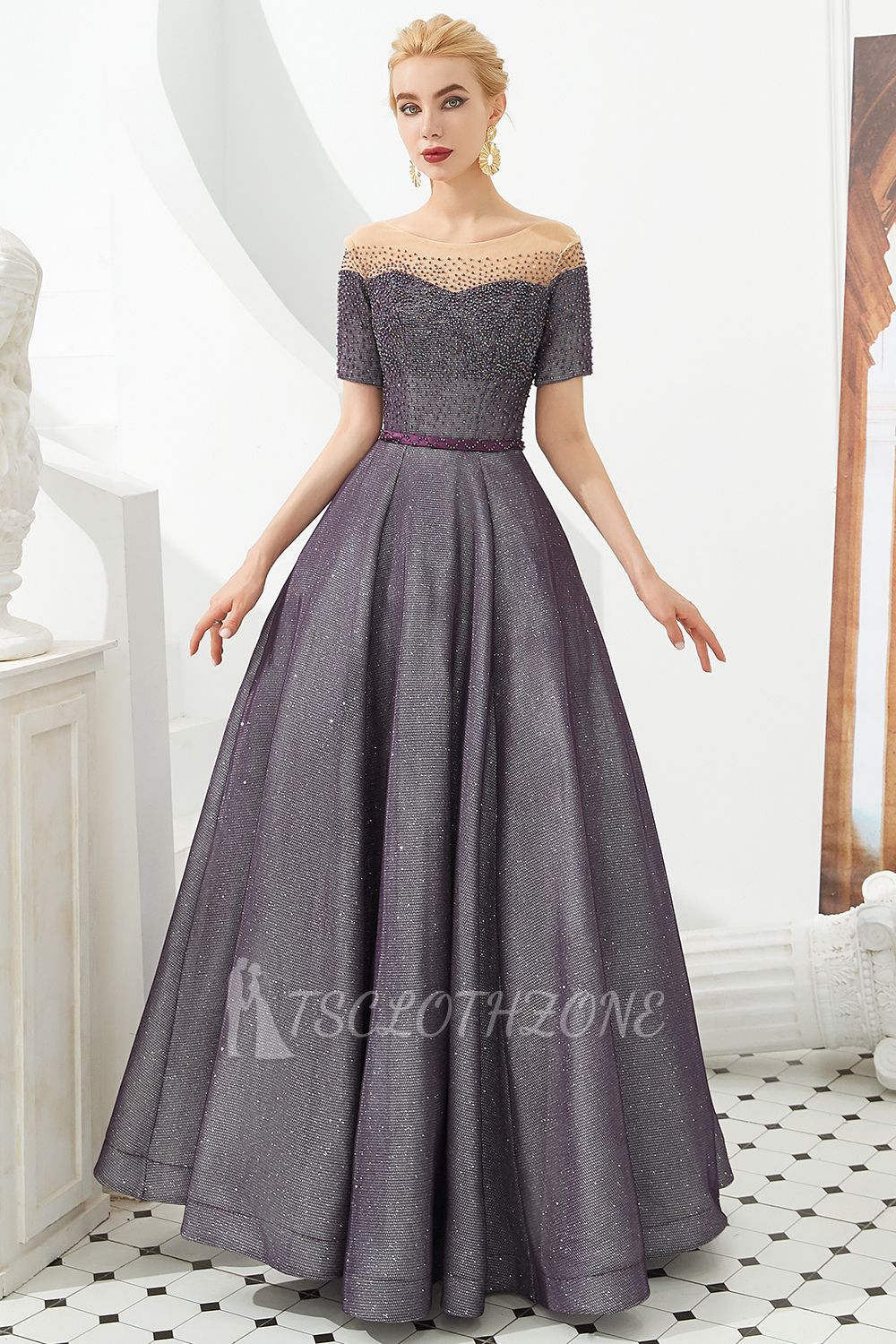 Hayden | Sparkly Regency Round Neck Abendkleid mit kurzen Ärmeln und lila Gürtel