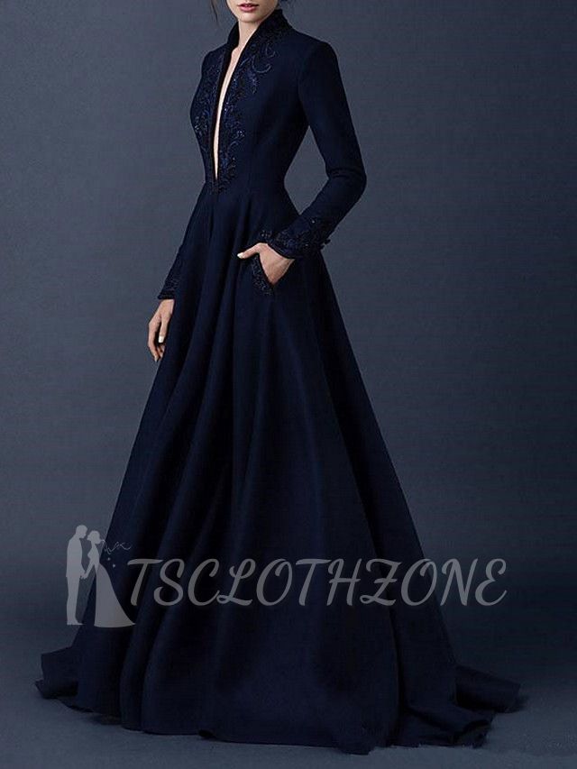 A-Line Wedding Dress V-neck Satin Long Sleeves Bridal Gowns Formal Plus Size Black with Sweep Train