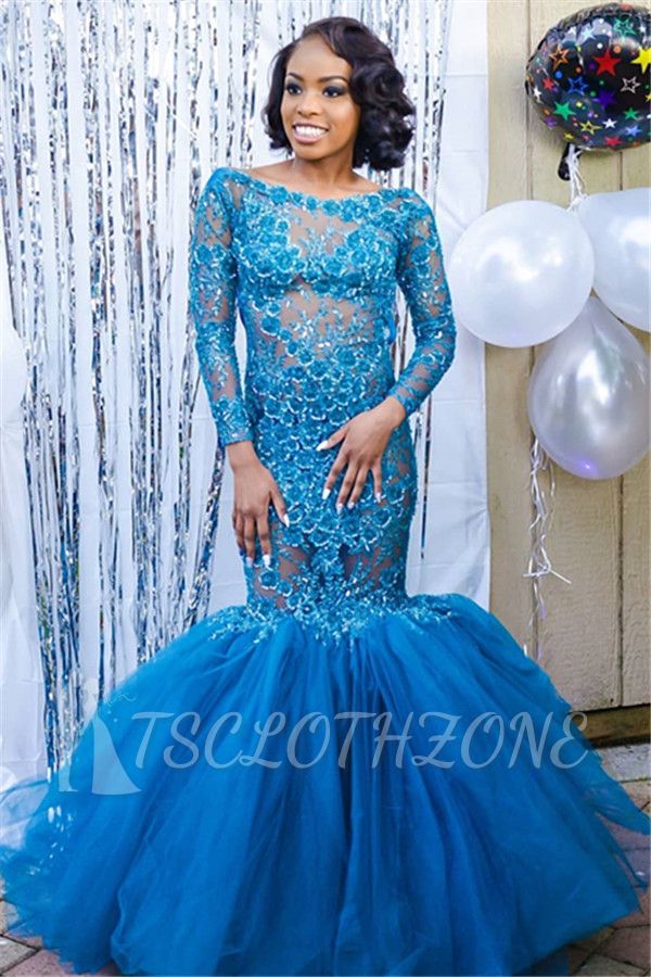 Elegant Blue Long Sleeves Lace Prom Dresses | Affordable Wholesale Fit and Flare Open Back Evening Dresses