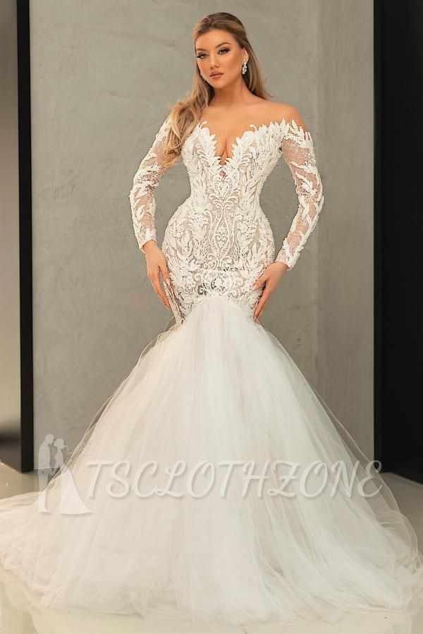 Gorgeous Long Sleeves Slim Mermaid Bridal Gown Tulle Lace Appliques