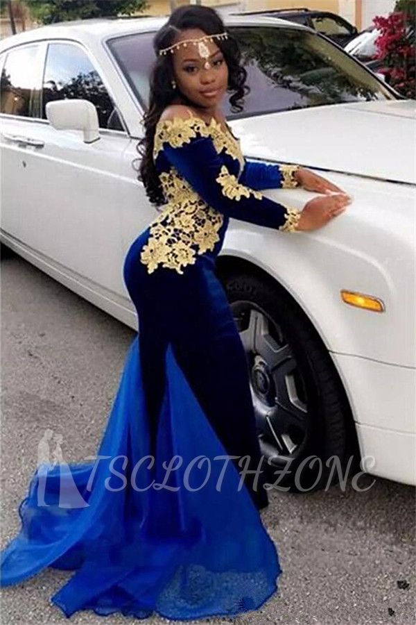 Off The Shoulder Gold Lace Prom Dress | 2022 Royal Blue Velvet Sexy Evening Gown