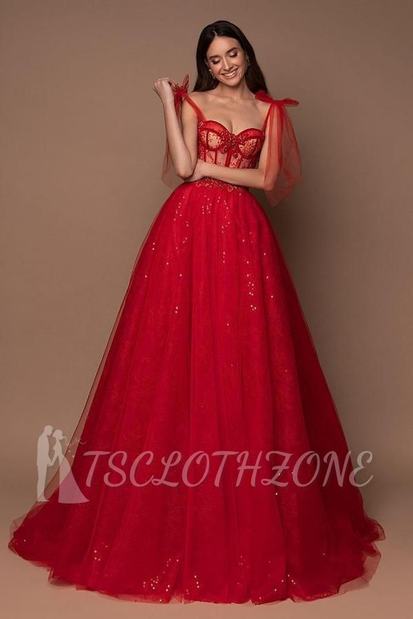 Spaghetti Straps Red Tulle Sequins Aline Wedding Party Dress