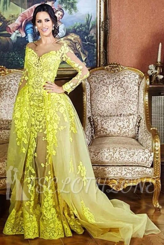 Elegant Lace Long Sleeves Sweetheart Party Dresses With Detachable Skirt | Yellow Tulle Evening Gowns