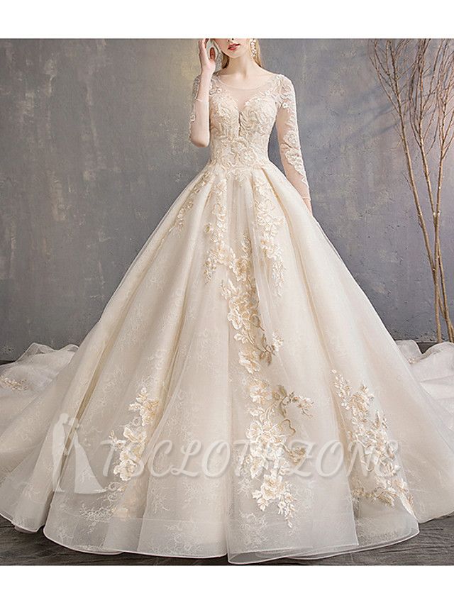 Glamorous A-Line Wedding Dress Jewel Lace 3/4 Length Sleeve Bridal Gowns Backless Court Train