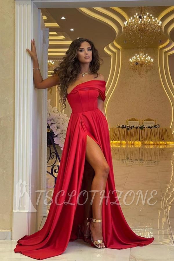 Red Simple Mopping Long Side Slit Evening Dress | Evening wear online