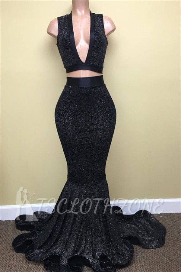 Black Two Pieces Sequined Prom Dresses 2022 Deep V-Neck Sleeveless Evening Dresses