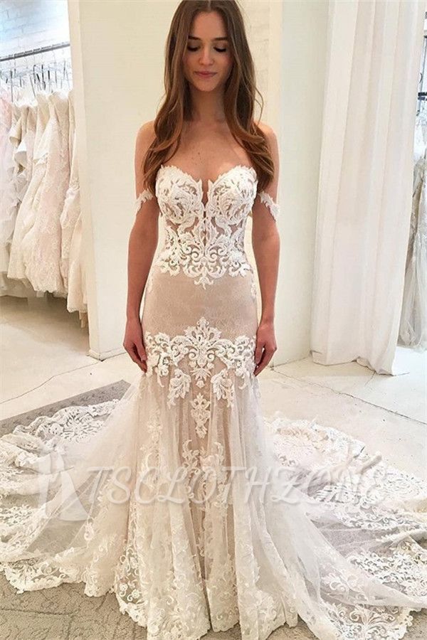 Glamorous Off-The-Shoulder Lace Appliques Bridal Gown | Sweetheart Mermaid Ruffles Wedding Dress