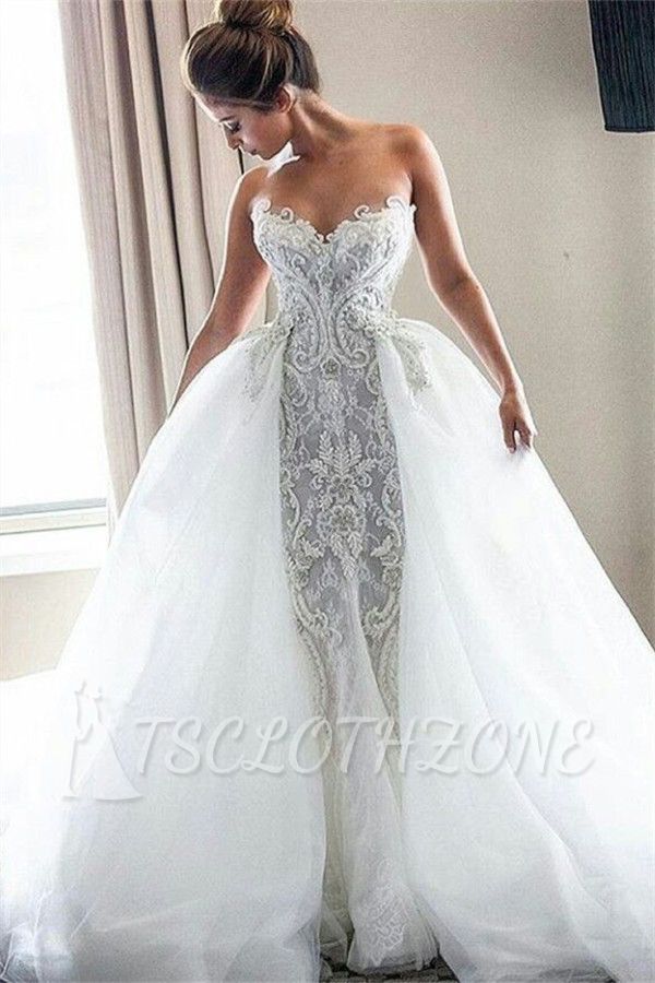 Strapless Sexy Lace Wedding Dresses Cheap 2022 | Puffy Tulle Overskirt Bride Dresses