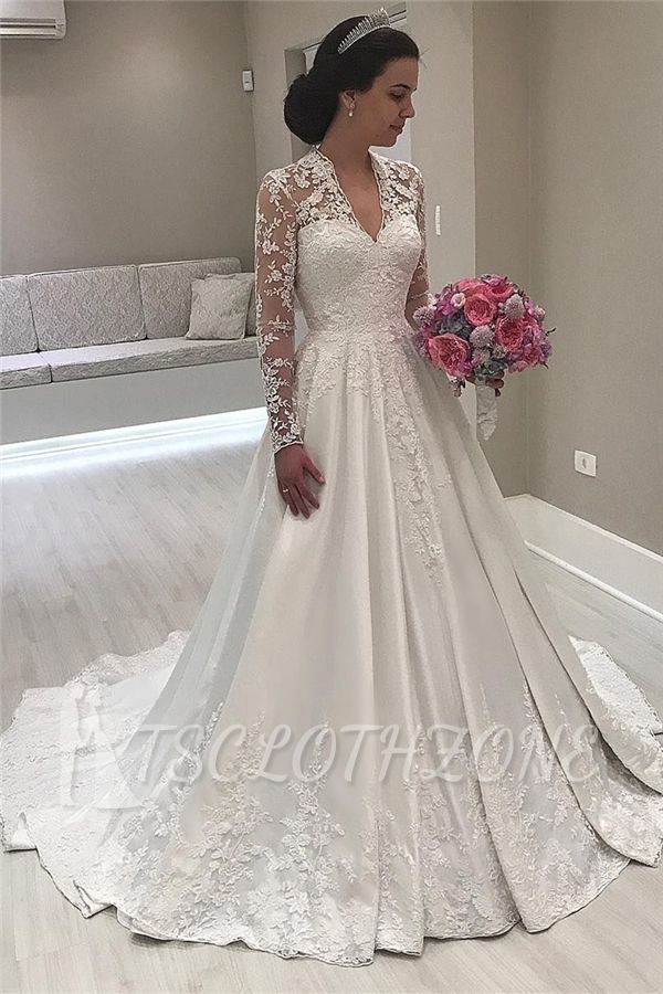V-neck Lace Long Sleeve Wedding Dresses Vintage | Satin Appliques 2022 Royal Wedding Dress
