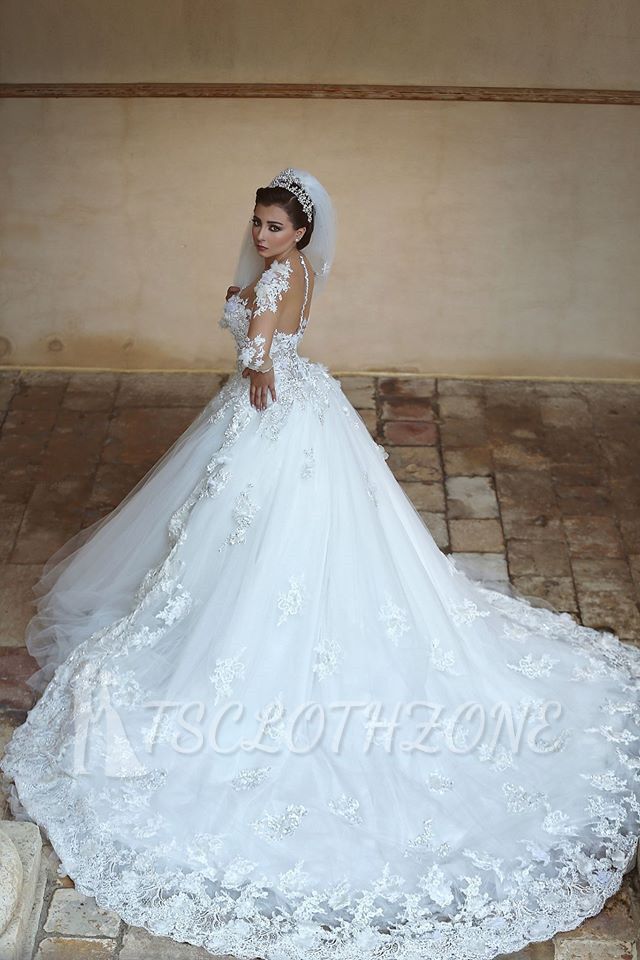 Wunderschönes weißes Tüll-Ballkleid-Hochzeitskleid Hofschleppe-Spitze-Brautkleider in Übergröße