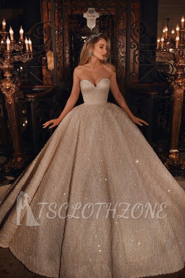 Luxury Sweetheart Sparkle Beads Puffy Ball Gown Wedding Dress