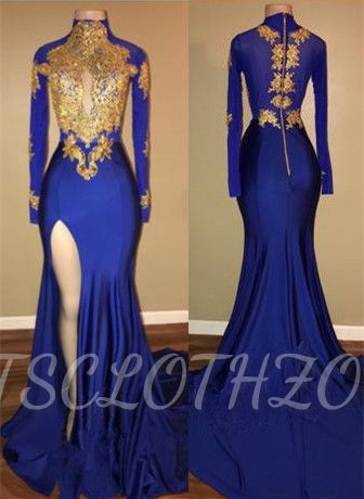 Royal Blue High Neck Mermaid Prom Dresses 2022 Long Sleeves Side Slit Appliques Evening Dresses