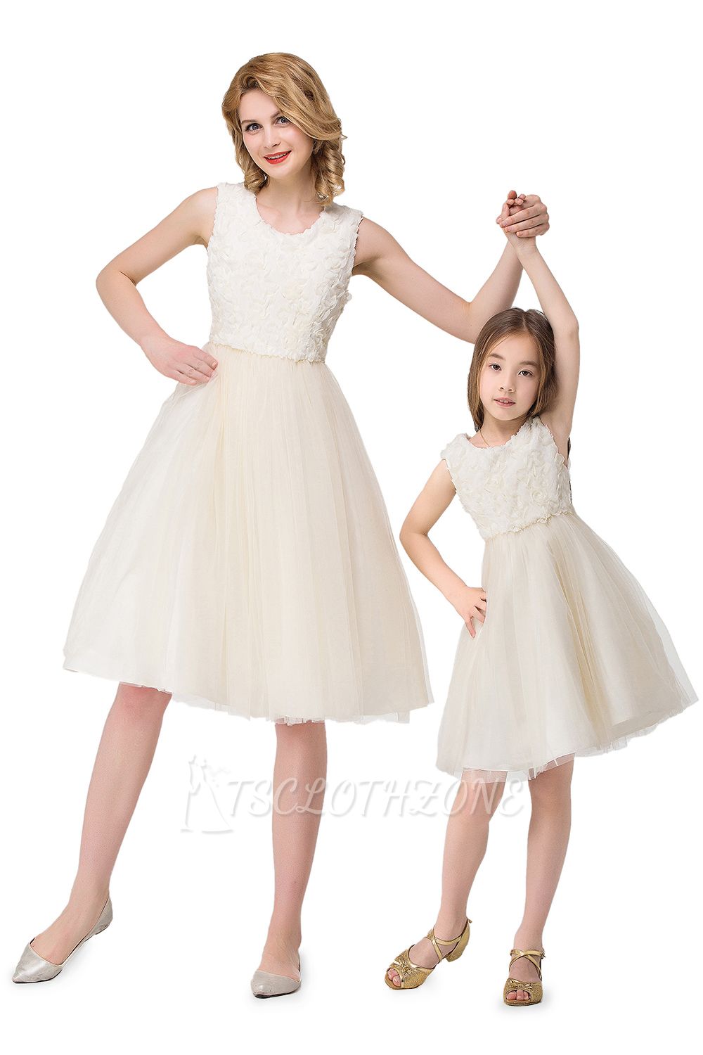 HEIDI| A-line Knee Length Tulle Jewel Sleeveless Lace Mother Daughter Dresses
