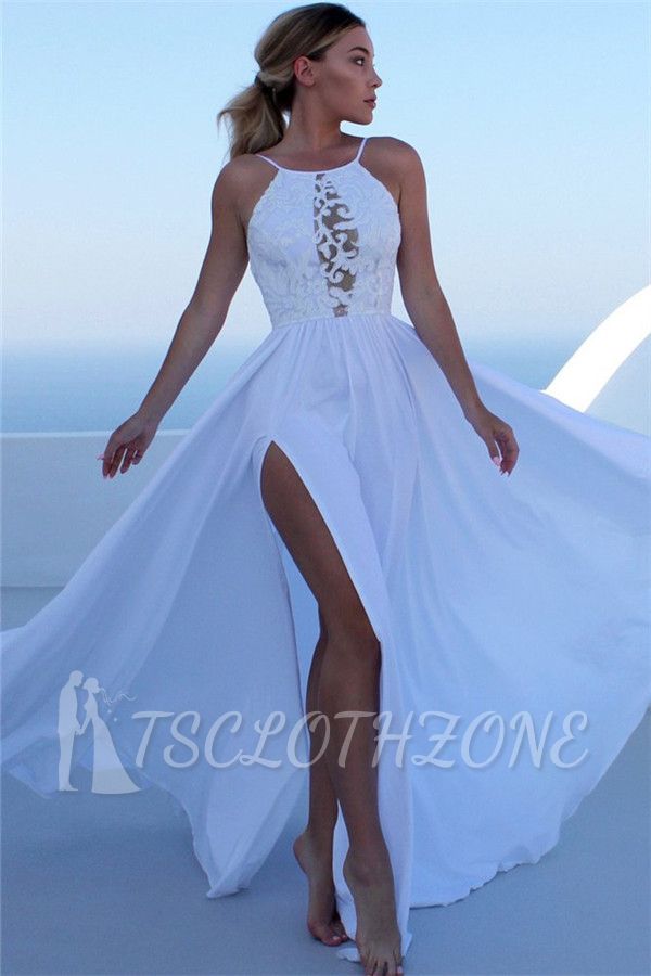 A-Line Elegant Appliques Halter Sleeveless Side-Slit Prom Dresses