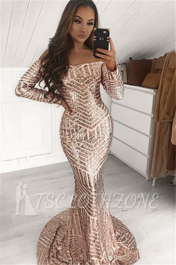 Sexy Sequins Off-The-Shoulder Long-Sleeves Mermaid Prom Dresses