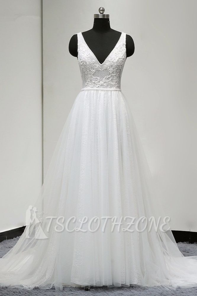 TsClothzone Chic Straps V-Ausschnitt Weiß Tüll Brautkleid Ärmellos Rüschen Brautkleider Im Angebot