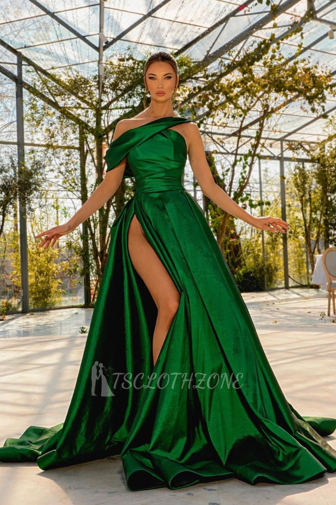 One shoulder Dark Green A-line Princess Prom Dresses