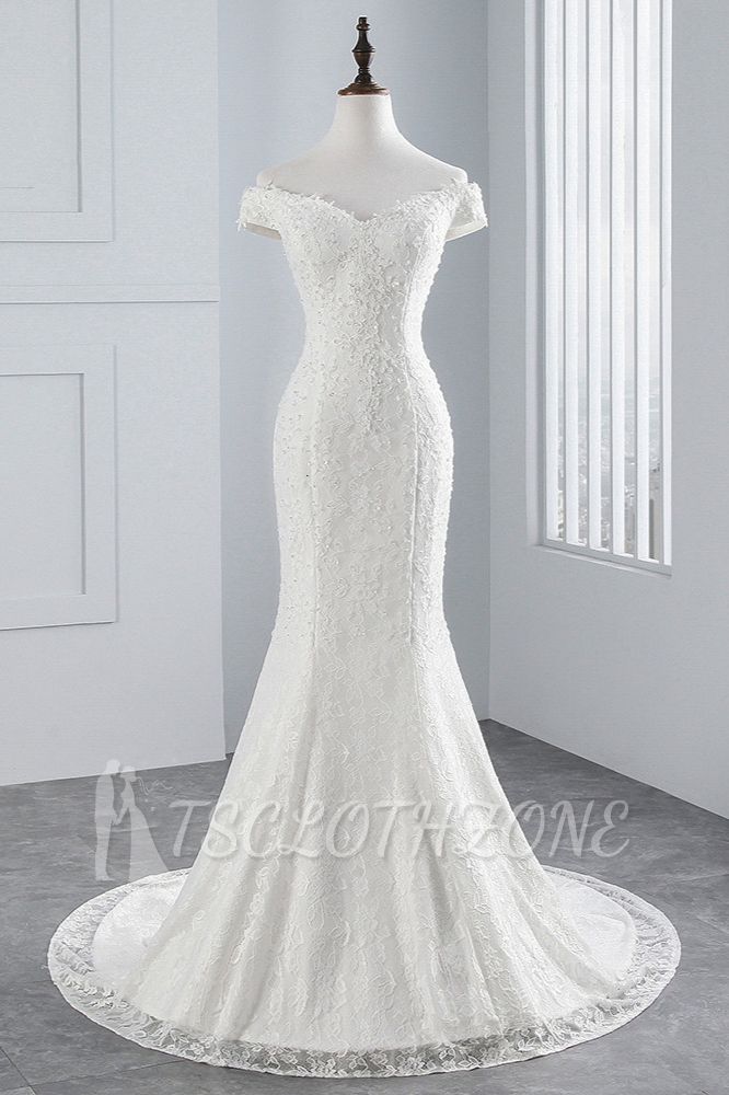 Elegant Off-the-shoulder White Mermaid Column Wedding Dress