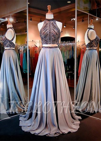 High-Neck Gorgeous A-line Crystals Two-Piece Evening Dress