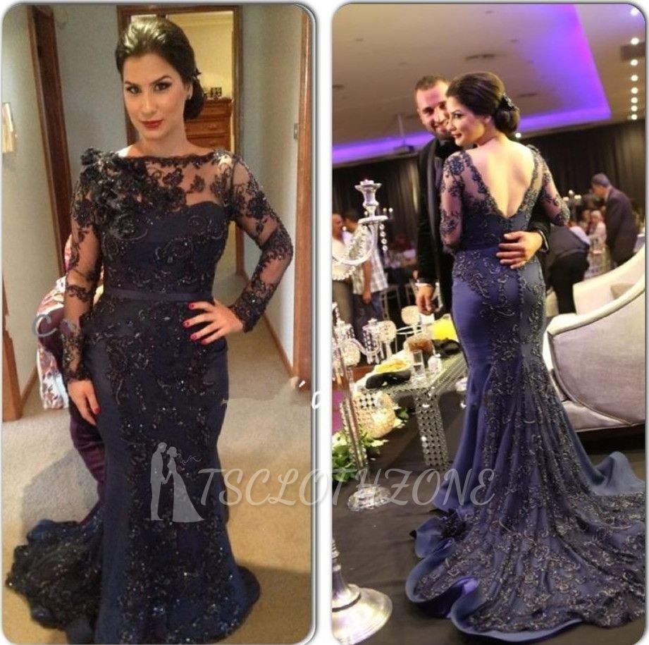 Crystal Long Sleeve Mermaid Lace Evening Gown Gorgeous Open Back Formal Occasion Dresses