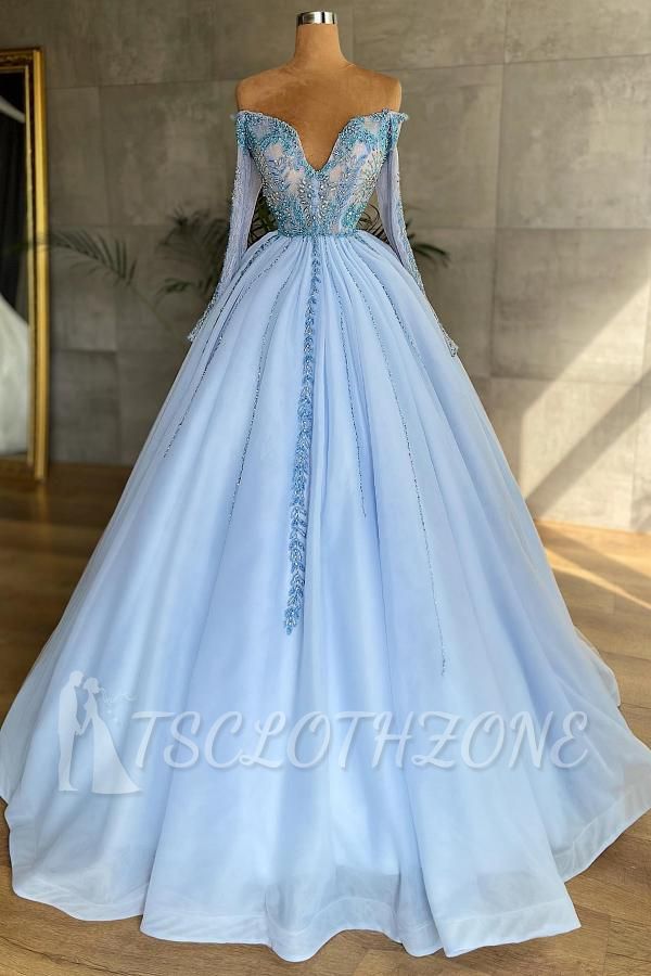 Gorgeous Sweetheart Long Sleeves Princess Party Dress Sky Blue Beadings Floral Lace Appliques