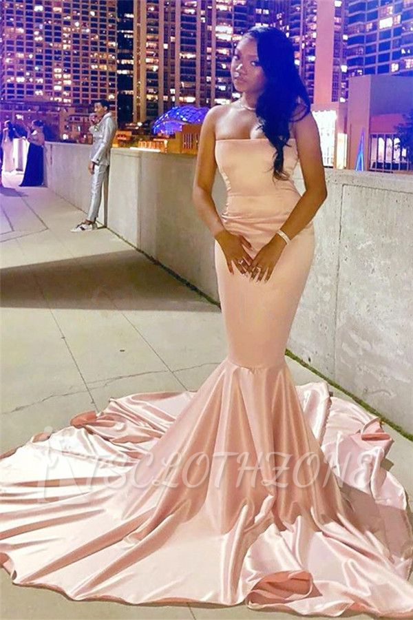 Sexy Strapless Mermaid Cheap Prom Dresses | Sleeveless Simple Evening Gowns with Court Train