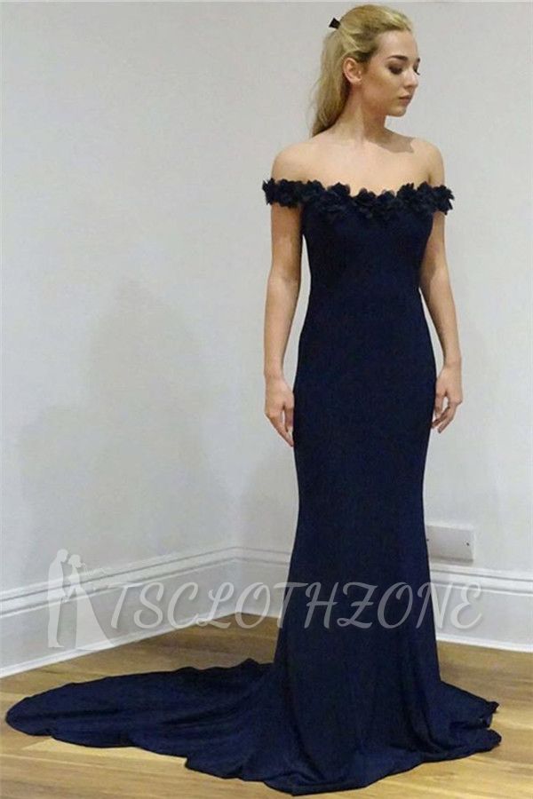 2022 Dark Navy Sheath Cheap Evening Dresses | Off Shoulder Flowers Sexy Lace Prom Dresses Online