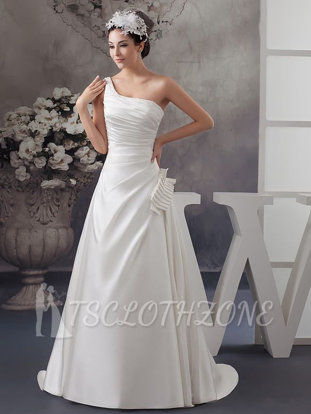 A-Line Wedding Dress One Shoulder Satin Spaghetti Strap Bridal Gowns with Sweep Train