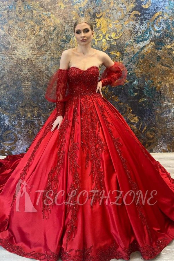 Amazing Red Sweetheart Sleeves Ball Gown with Floral Appliques