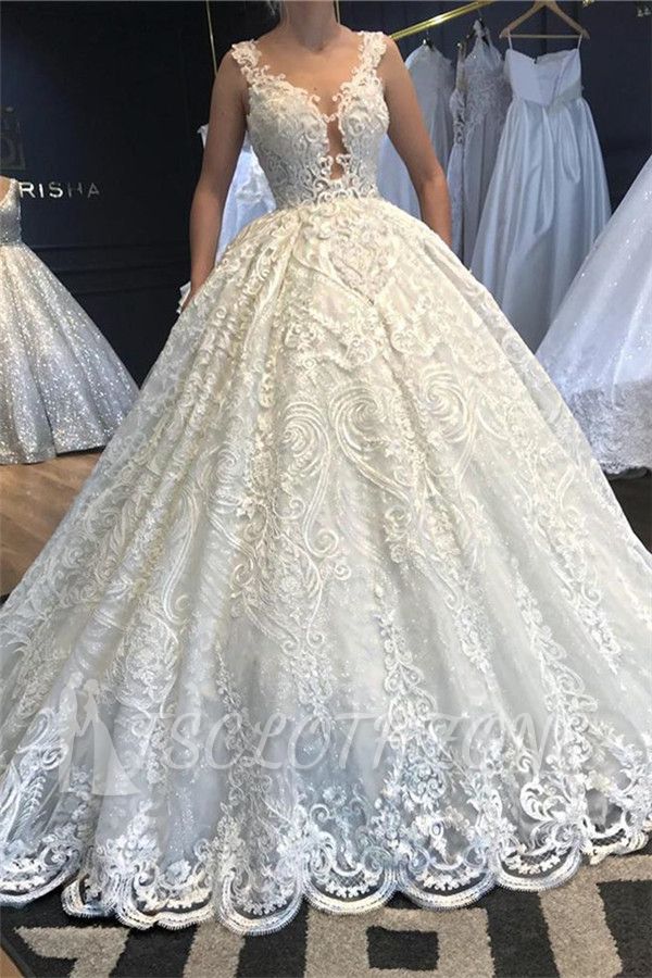 Sleeveless Lace Appliques Beading Wedding Dresses | V-Neck Strap Ball Gown Bridal Dresses