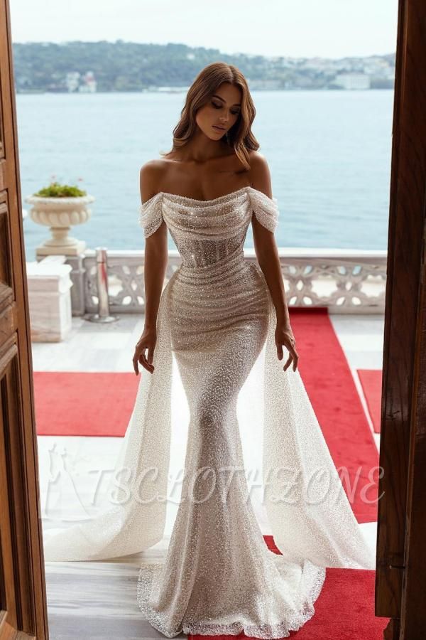 Off the shoulder white sequin prom dress with overskirt