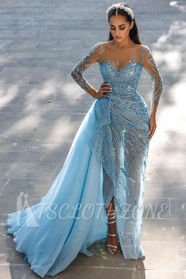 Sexy Sparkly Long Sleeve Mermaid Prom Dresses Evening Gowns With Lace