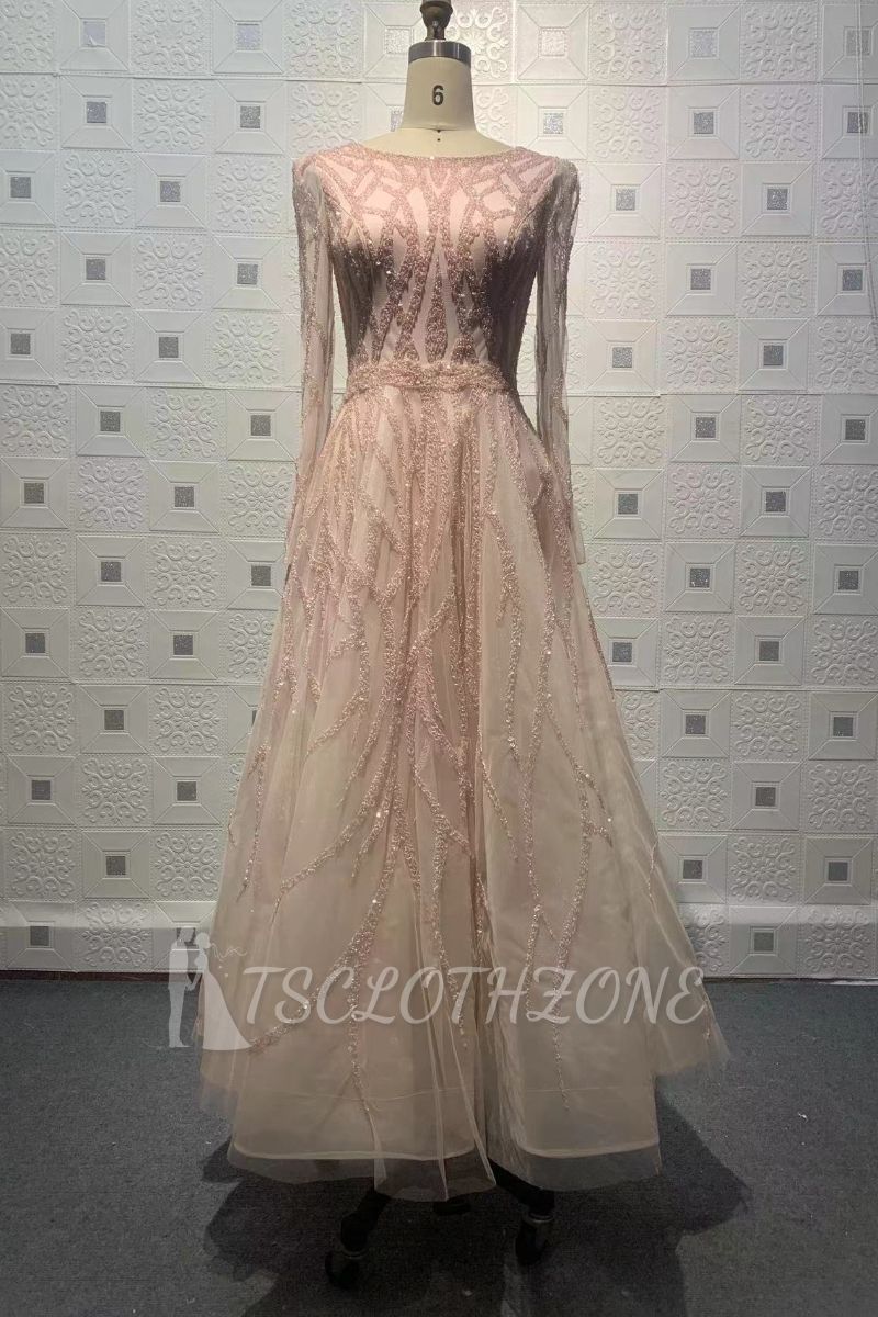 Elegant and Noble A-Line Pink Long Sleeve Floor-Length Evening Dress | Sheer Long Sleeve Dress