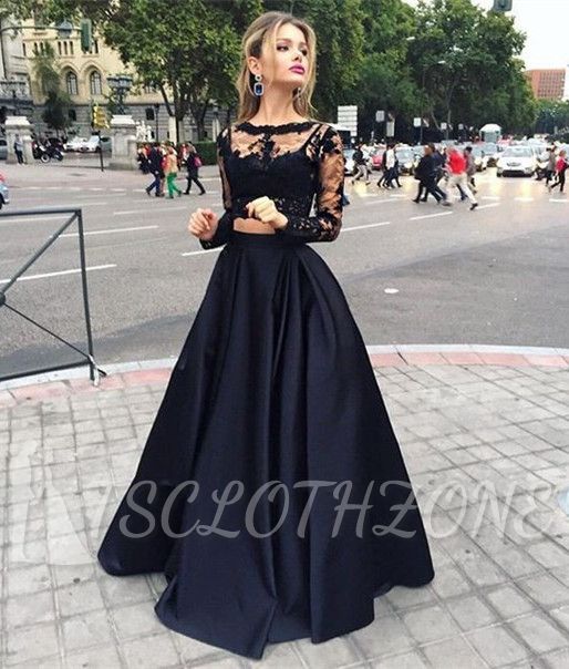 Black Two-Piece A-line Long-Sleeves Long Prom Dresses