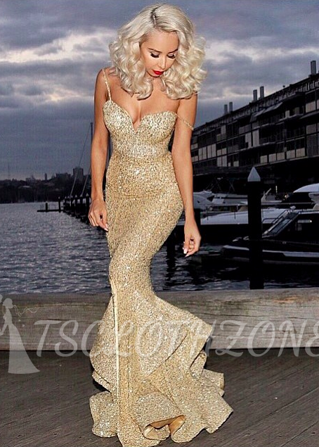 Gold Sequins Mermaid Evening Dress 2022 Sexy Sweetheart Mermaid Prom Dress with Split