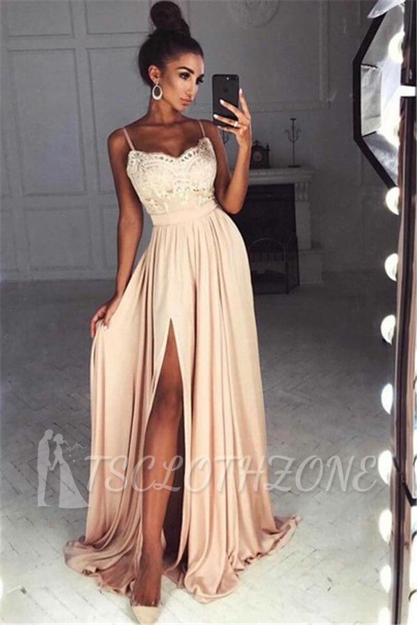 Straps Front Slit Sexy Prom Dress Lace Cheap Champagne Long Evening Dress 2022