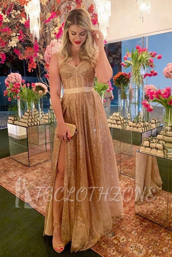 Affordable Sparkle Gold Sequin Sweetheart Prom Dress with Sexy High Split